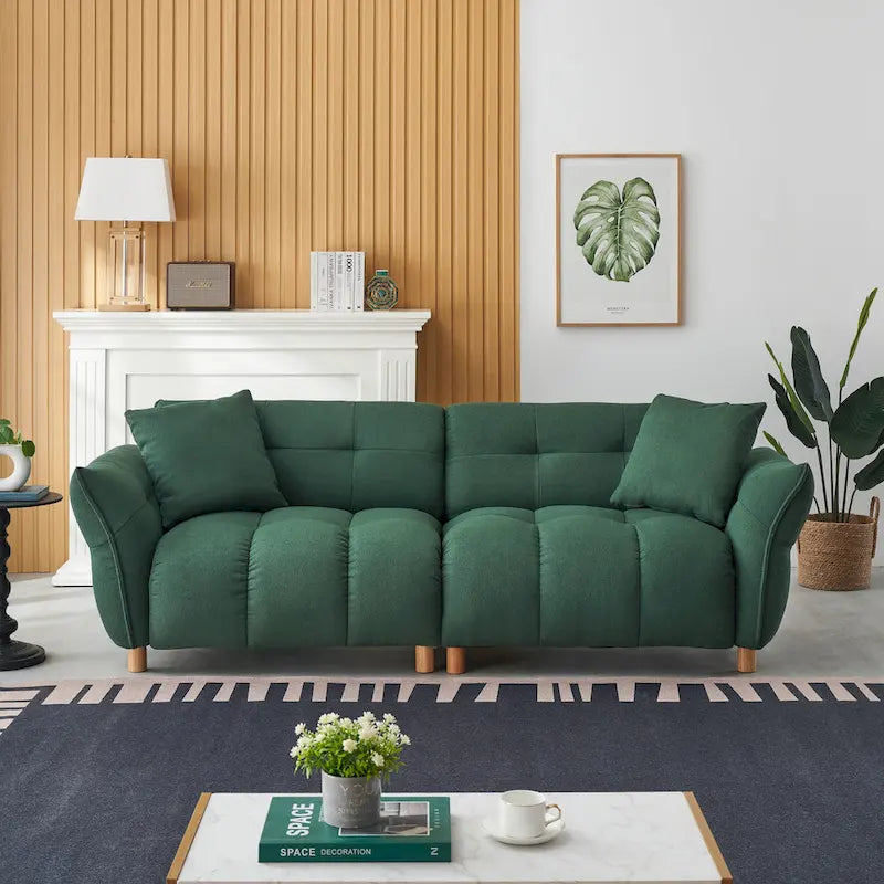 Teddy Upholstered 3-Seat Sofa Beige Green Yellow Tufted Spring Cushion Wood Legs