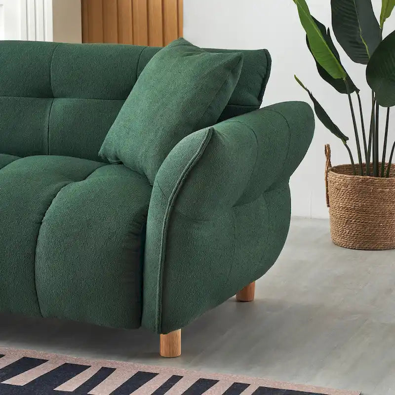 Teddy Upholstered 3-Seat Sofa Beige Green Yellow Tufted Spring Cushion Wood Legs