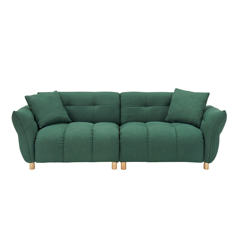 Teddy Upholstered 3-Seat Sofa Beige Green Yellow Tufted Spring Cushion Wood Legs