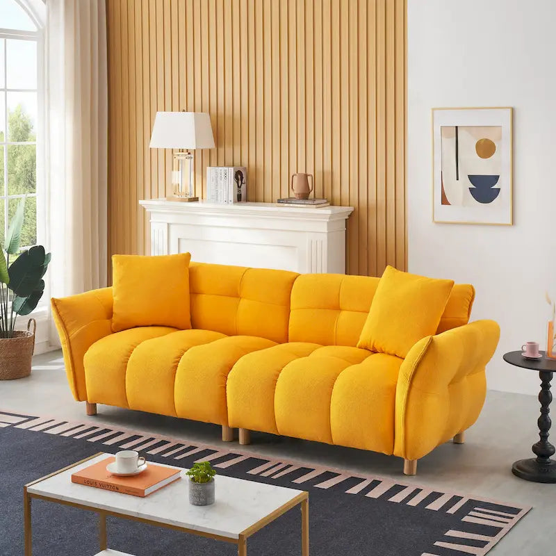 Teddy Upholstered 3-Seat Sofa Beige Green Yellow Tufted Spring Cushion Wood Legs