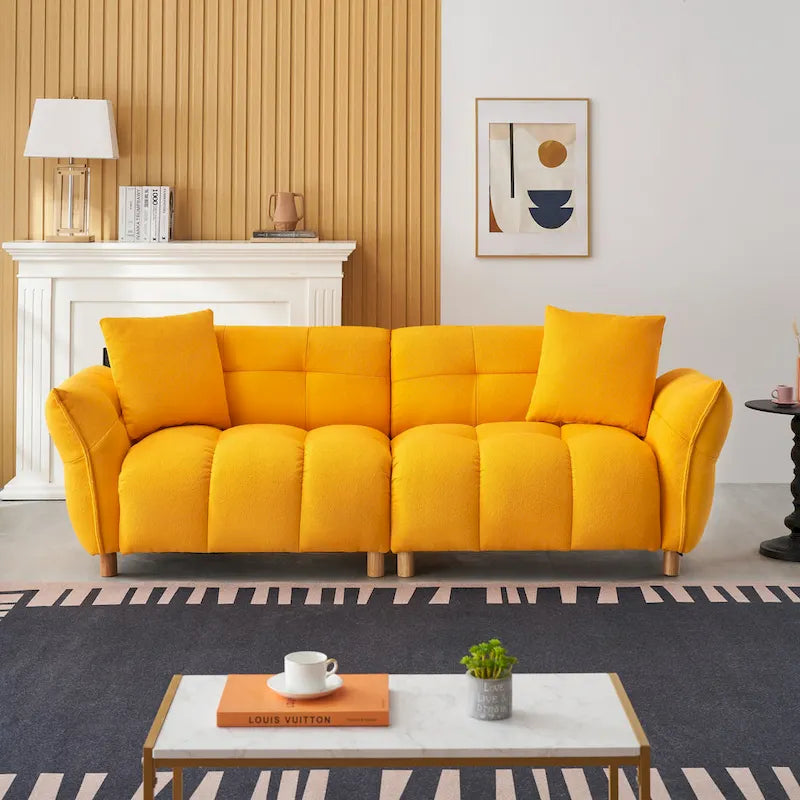 Teddy Upholstered 3-Seat Sofa Beige Green Yellow Tufted Spring Cushion Wood Legs