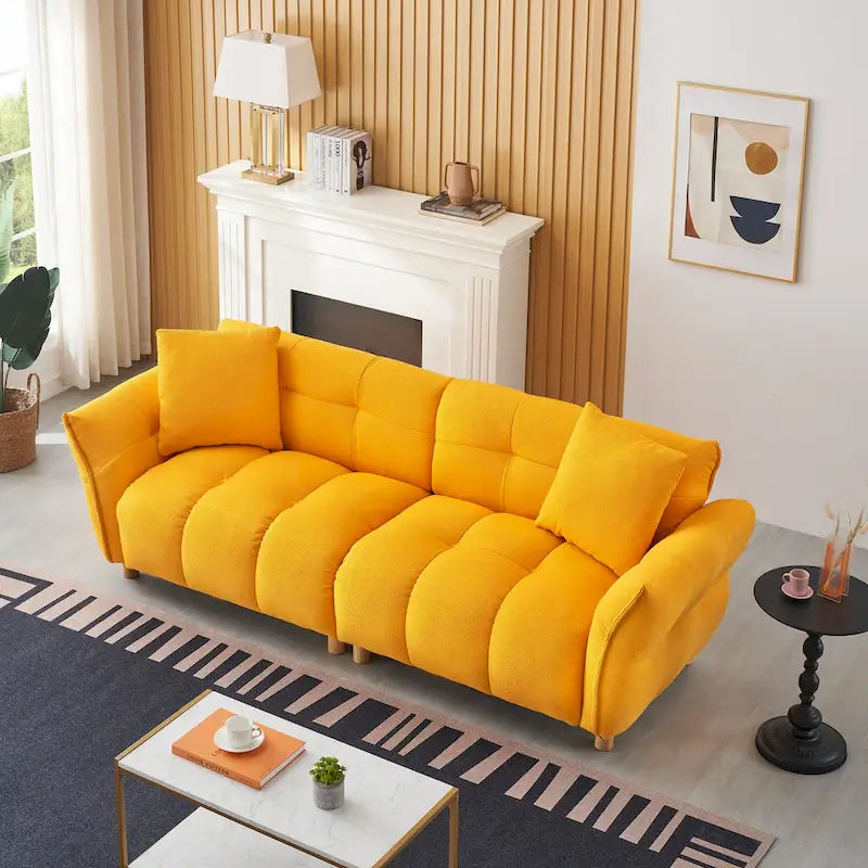 Teddy Upholstered 3-Seat Sofa Beige Green Yellow Tufted Spring Cushion Wood Legs