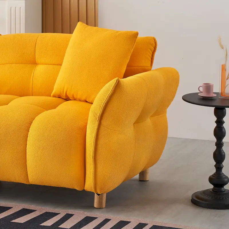 Teddy Upholstered 3-Seat Sofa Beige Green Yellow Tufted Spring Cushion Wood Legs