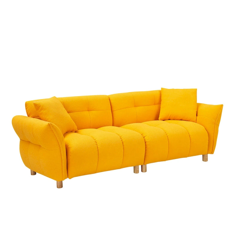 Teddy Upholstered 3-Seat Sofa Beige Green Yellow Tufted Spring Cushion Wood Legs