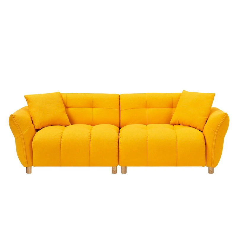 Teddy Upholstered 3-Seat Sofa Beige Green Yellow Tufted Spring Cushion Wood Legs