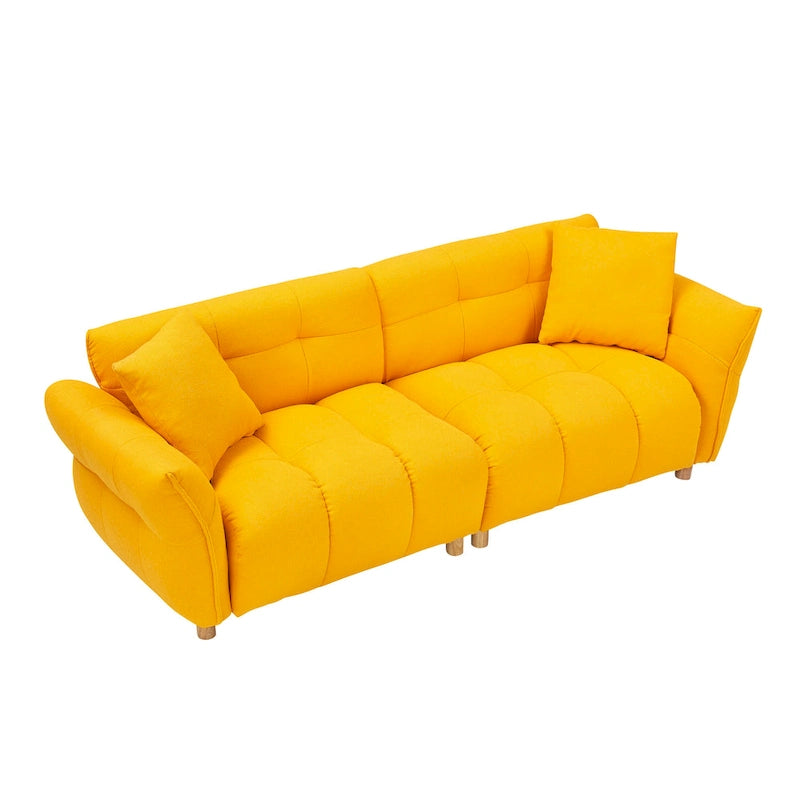 Teddy Upholstered 3-Seat Sofa Beige Green Yellow Tufted Spring Cushion Wood Legs