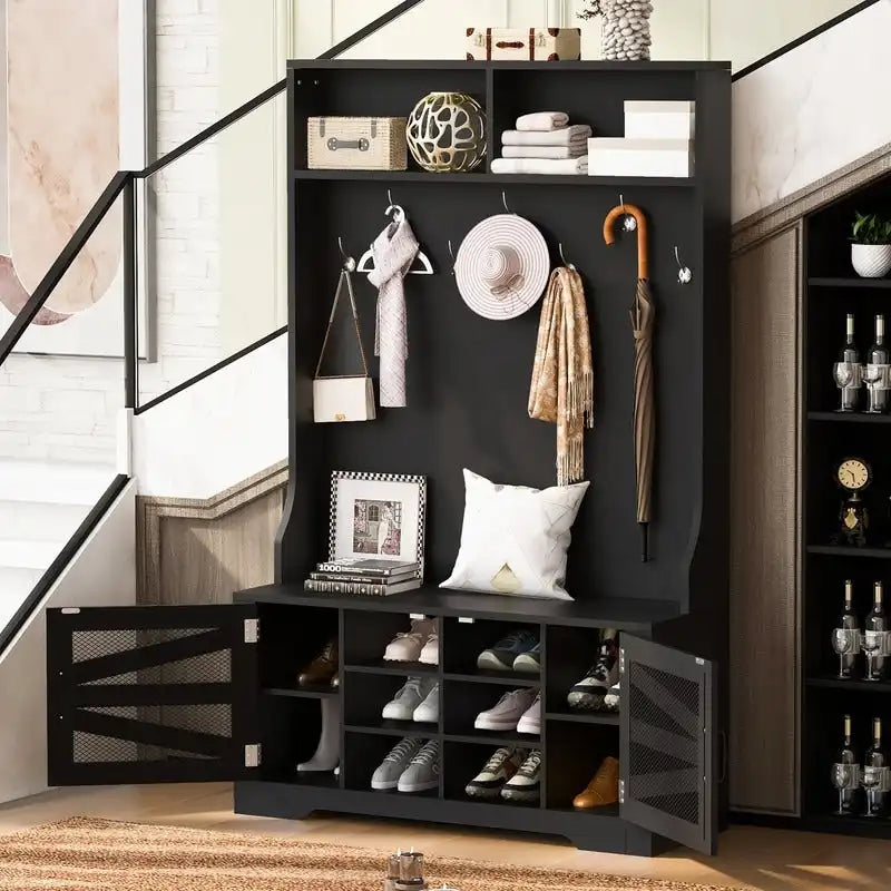 Black Entryway Hall Tree with Shoe Cubbies, Coat Hooks and Storage Bench