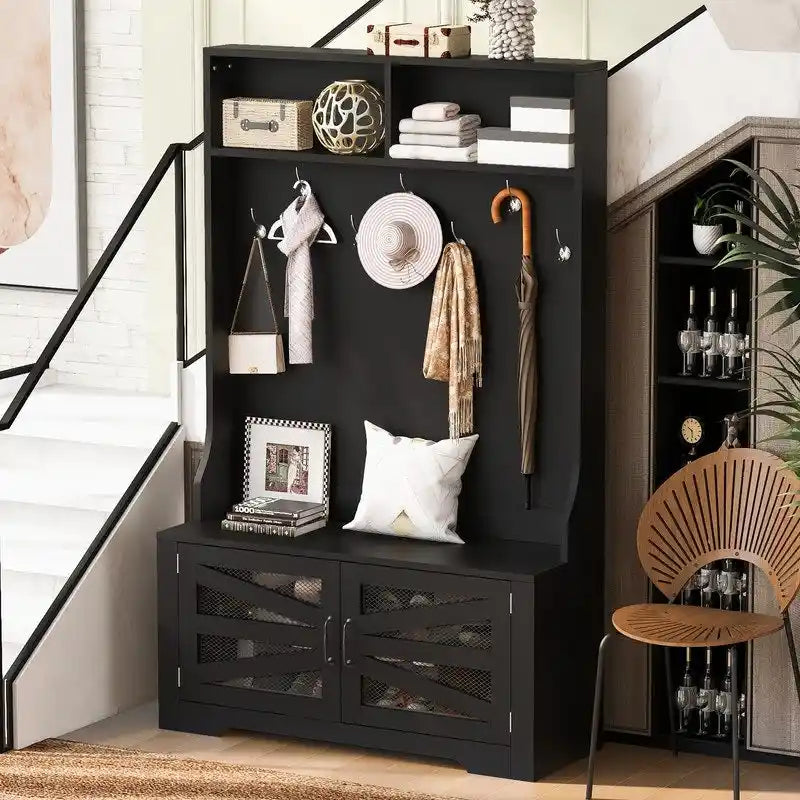 Black Entryway Hall Tree with Shoe Cubbies, Coat Hooks and Storage Bench