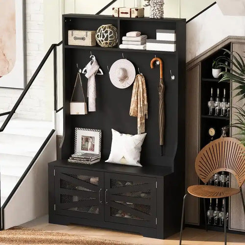 Black Entryway Hall Tree with Shoe Cubbies, Coat Hooks and Storage Bench