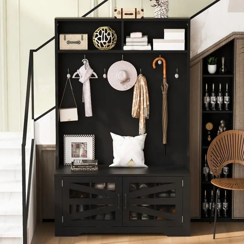 Black Entryway Hall Tree with Shoe Cubbies, Coat Hooks and Storage Bench