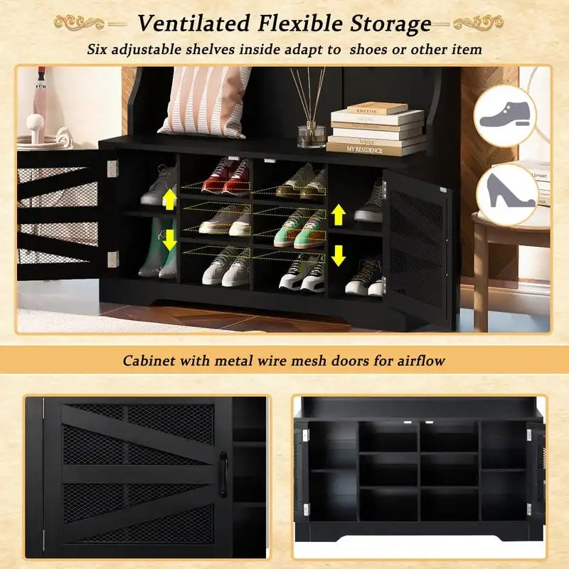 Black Entryway Hall Tree with Shoe Cubbies, Coat Hooks and Storage Bench