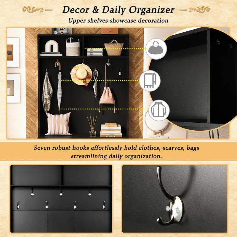 Black Entryway Hall Tree with Shoe Cubbies, Coat Hooks and Storage Bench