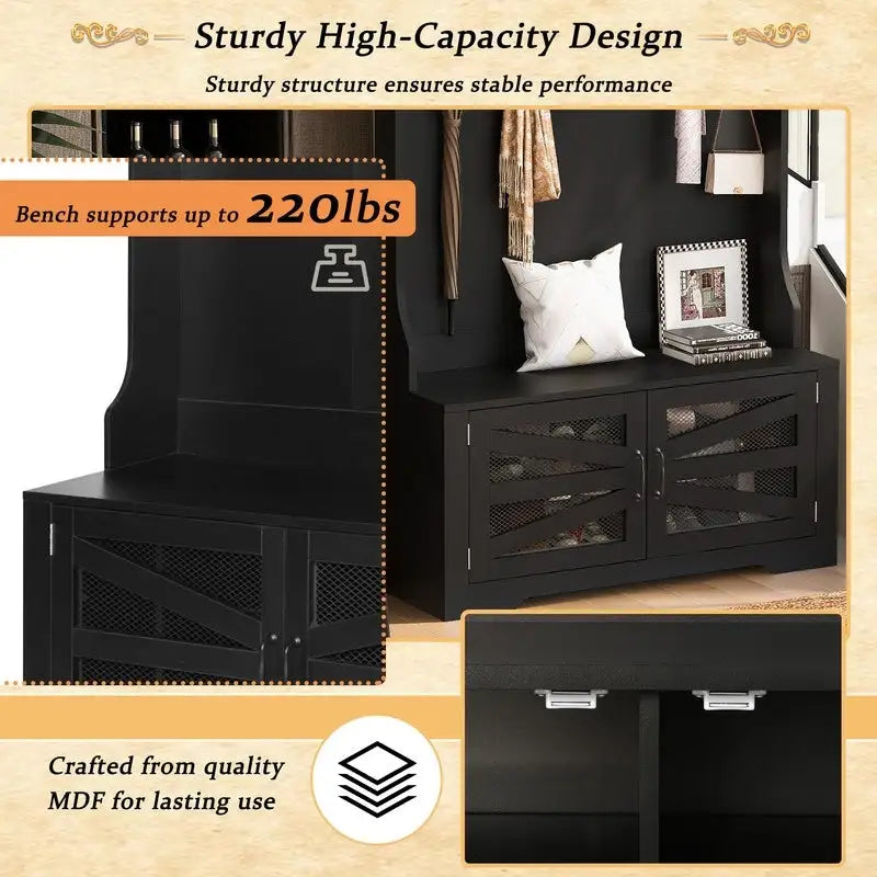 Black Entryway Hall Tree with Shoe Cubbies, Coat Hooks and Storage Bench