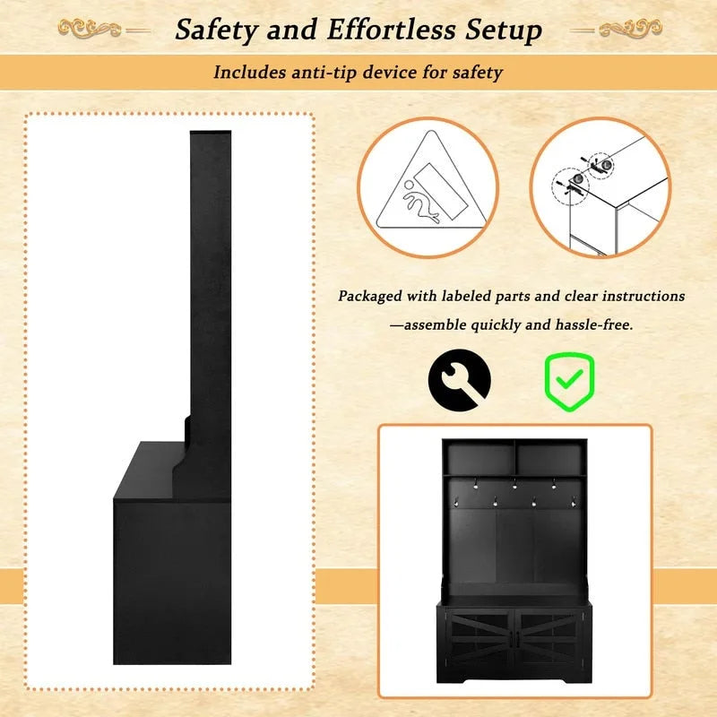 Black Entryway Hall Tree with Shoe Cubbies, Coat Hooks and Storage Bench