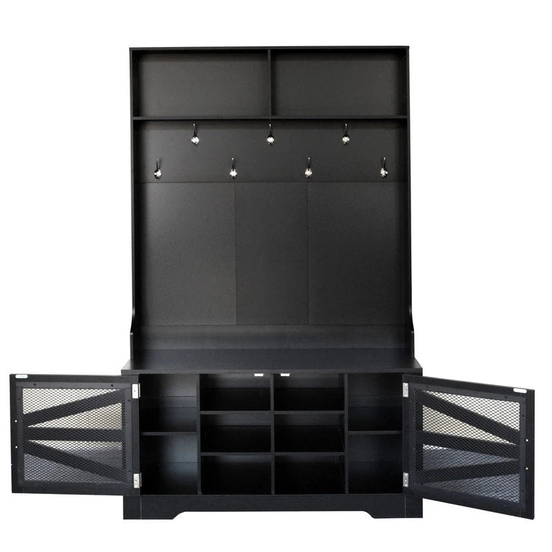 Black Entryway Hall Tree with Shoe Cubbies, Coat Hooks and Storage Bench