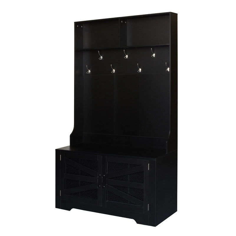Black Entryway Hall Tree with Shoe Cubbies, Coat Hooks and Storage Bench
