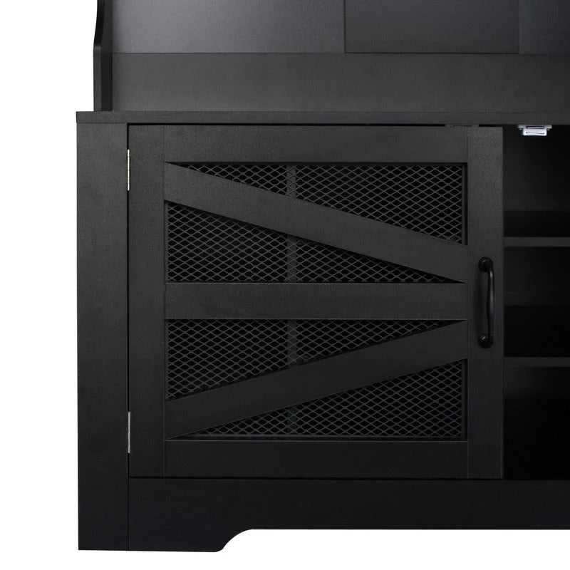 Black Entryway Hall Tree with Shoe Cubbies, Coat Hooks and Storage Bench
