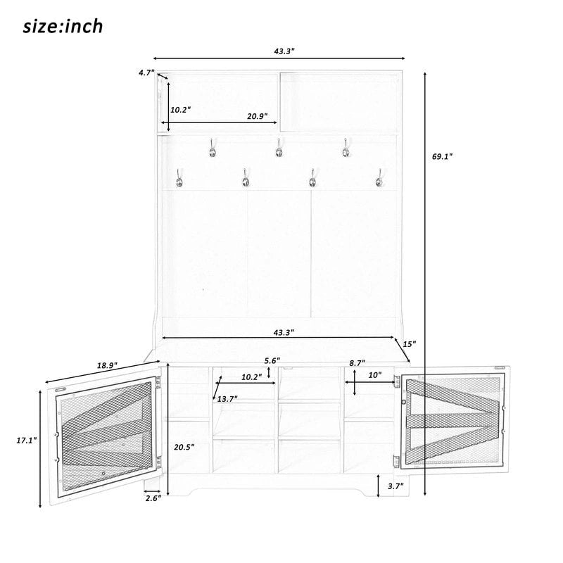 Black Entryway Hall Tree with Shoe Cubbies, Coat Hooks and Storage Bench