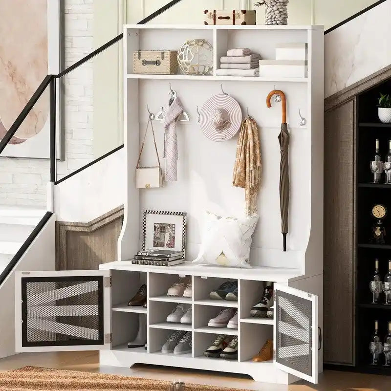 Black Entryway Hall Tree with Shoe Cubbies, Coat Hooks and Storage Bench