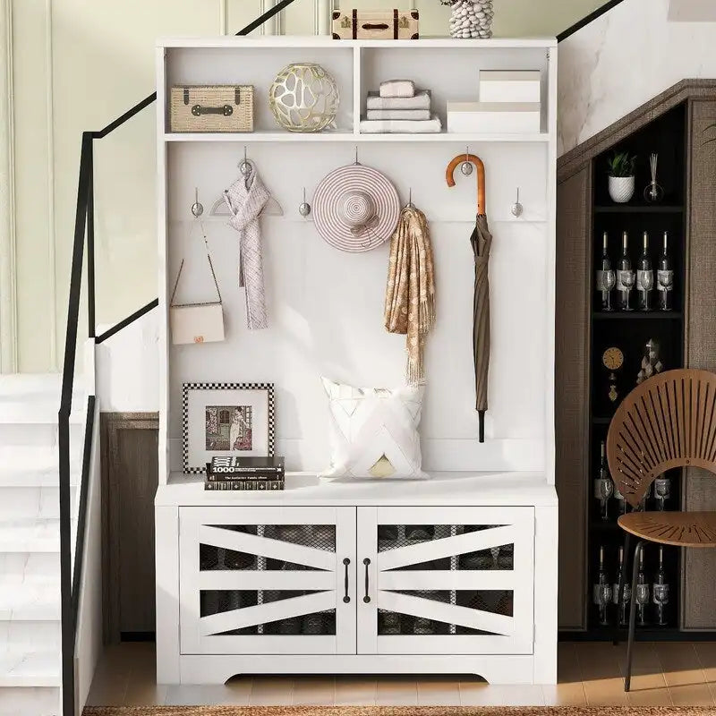 Black Entryway Hall Tree with Shoe Cubbies, Coat Hooks and Storage Bench