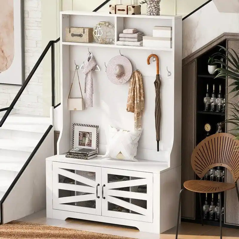 Black Entryway Hall Tree with Shoe Cubbies, Coat Hooks and Storage Bench