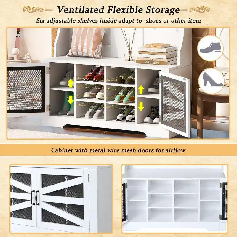 Black Entryway Hall Tree with Shoe Cubbies, Coat Hooks and Storage Bench