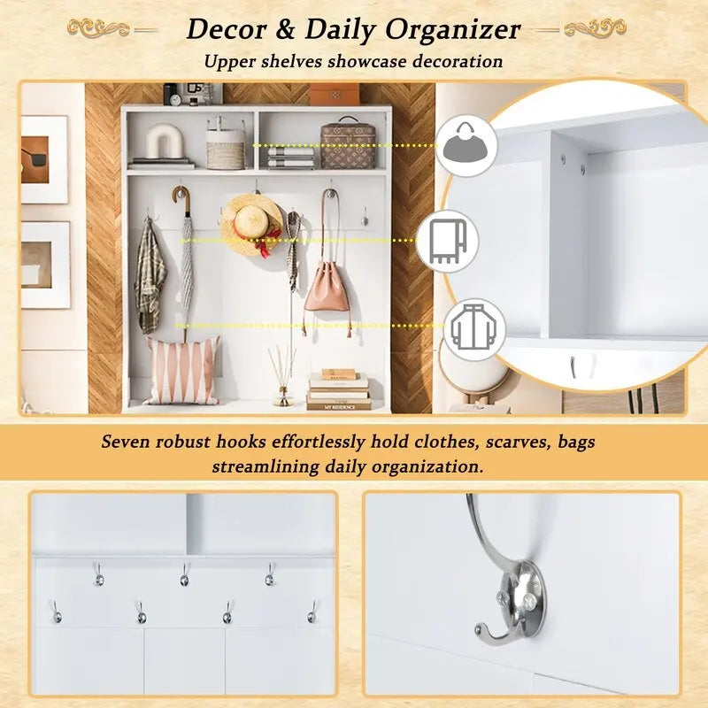 Black Entryway Hall Tree with Shoe Cubbies, Coat Hooks and Storage Bench