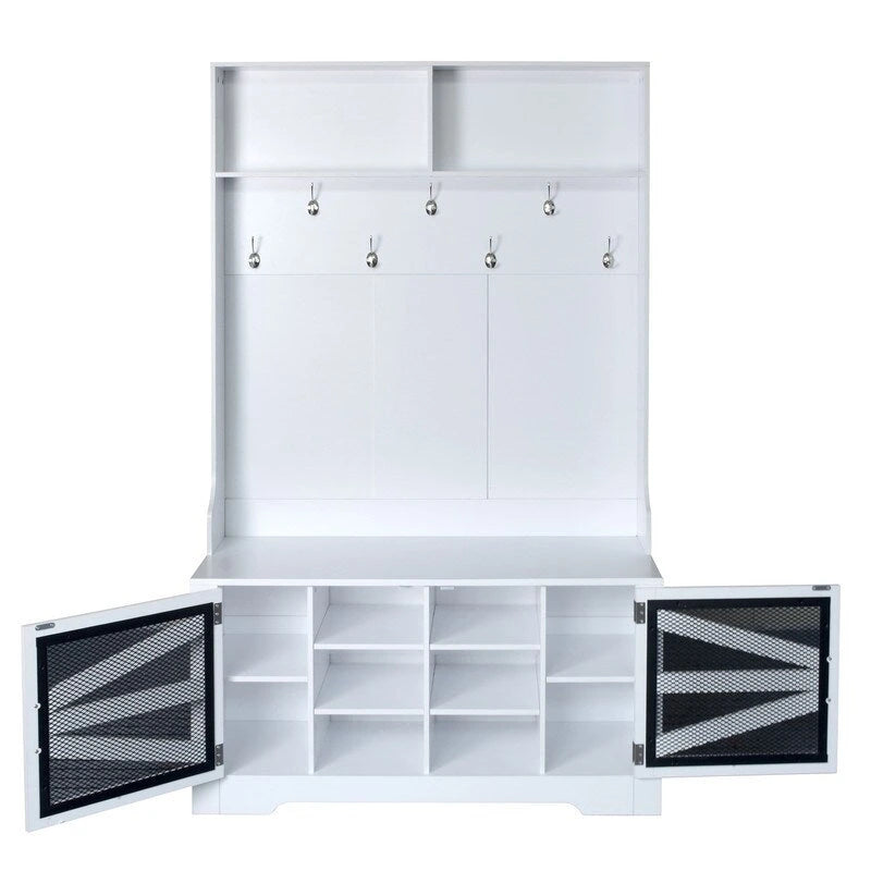 Black Entryway Hall Tree with Shoe Cubbies, Coat Hooks and Storage Bench