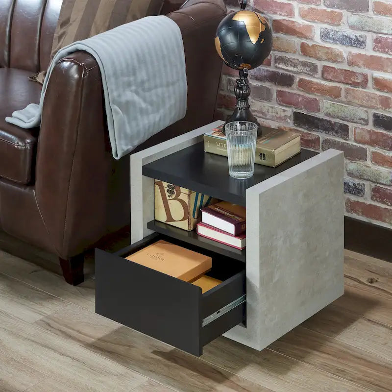 Industrial Concrete-Look Side End Table with Drawer and Open Shelf