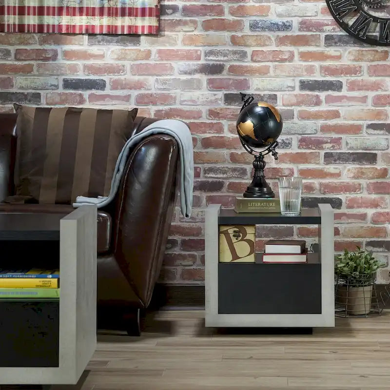 Industrial Concrete-Look Side End Table with Drawer and Open Shelf