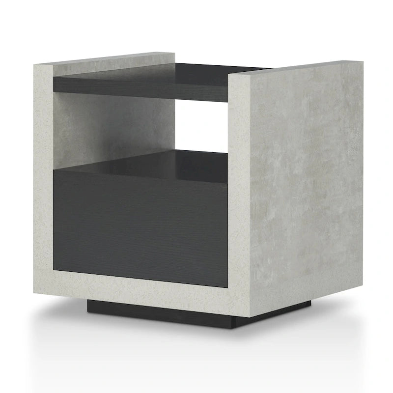 Industrial Concrete-Look Side End Table with Drawer and Open Shelf