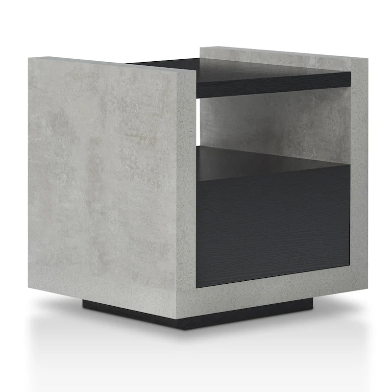 Industrial Concrete-Look Side End Table with Drawer and Open Shelf