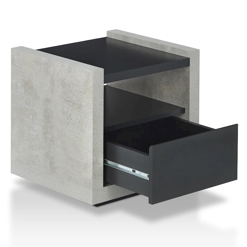 Industrial Concrete-Look Side End Table with Drawer and Open Shelf