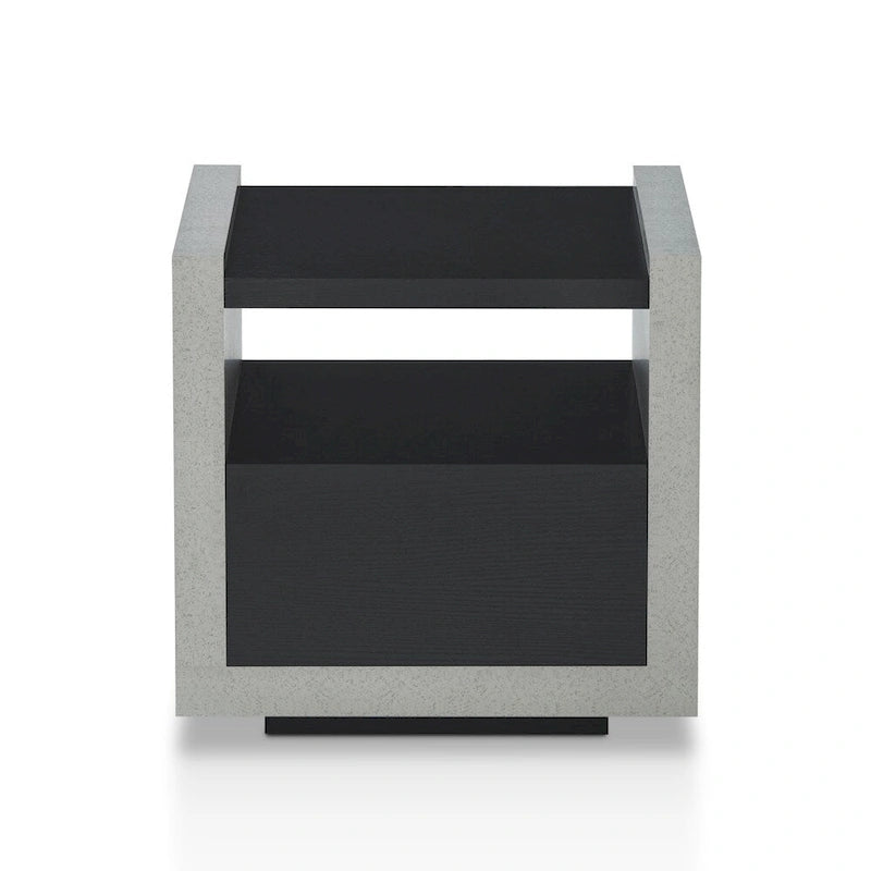 Industrial Concrete-Look Side End Table with Drawer and Open Shelf