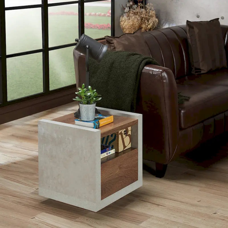 Industrial Concrete-Look Side End Table with Drawer and Open Shelf