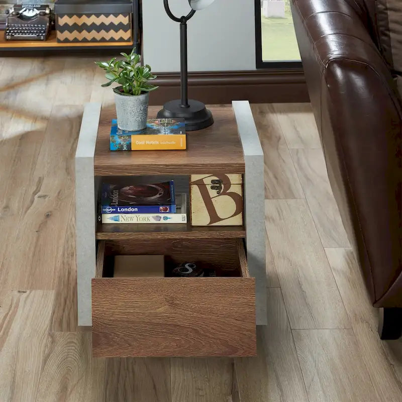Industrial Concrete-Look Side End Table with Drawer and Open Shelf