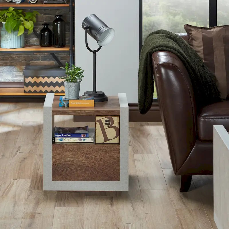 Industrial Concrete-Look Side End Table with Drawer and Open Shelf