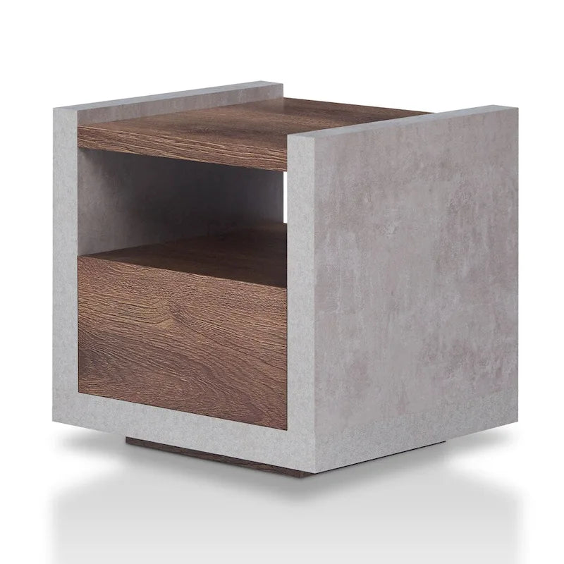 Industrial Concrete-Look Side End Table with Drawer and Open Shelf