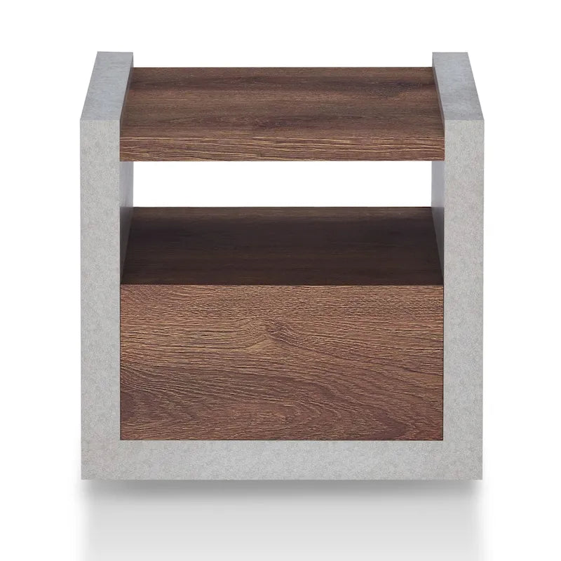 Industrial Concrete-Look Side End Table with Drawer and Open Shelf