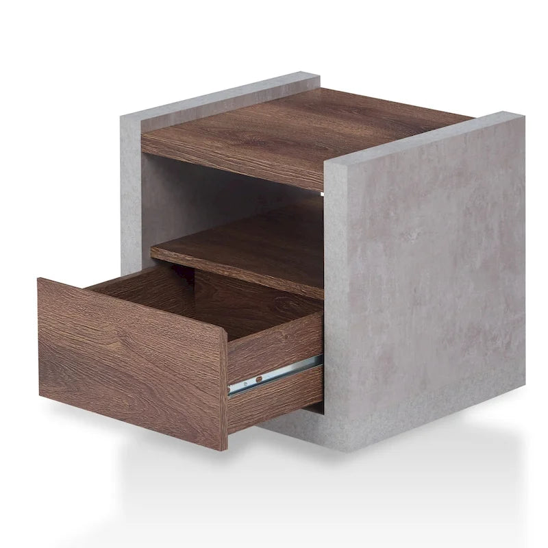 Industrial Concrete-Look Side End Table with Drawer and Open Shelf