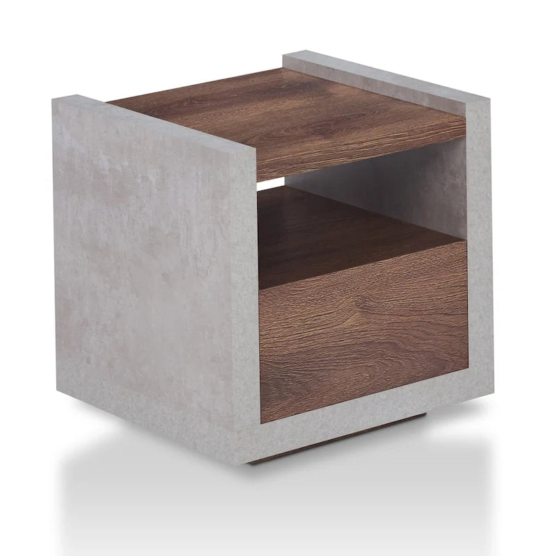 Industrial Concrete-Look Side End Table with Drawer and Open Shelf