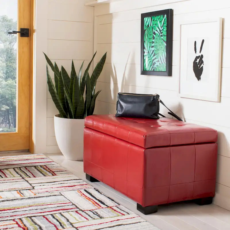 Red Tufted Bicast Leather Storage Bench with Black Wood Legs