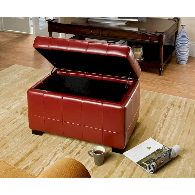 Red Tufted Bicast Leather Storage Bench with Black Wood Legs