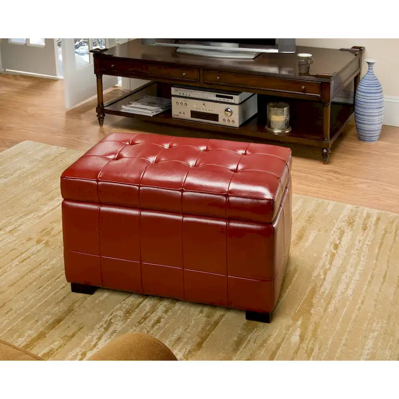 Red Tufted Bicast Leather Storage Bench with Black Wood Legs