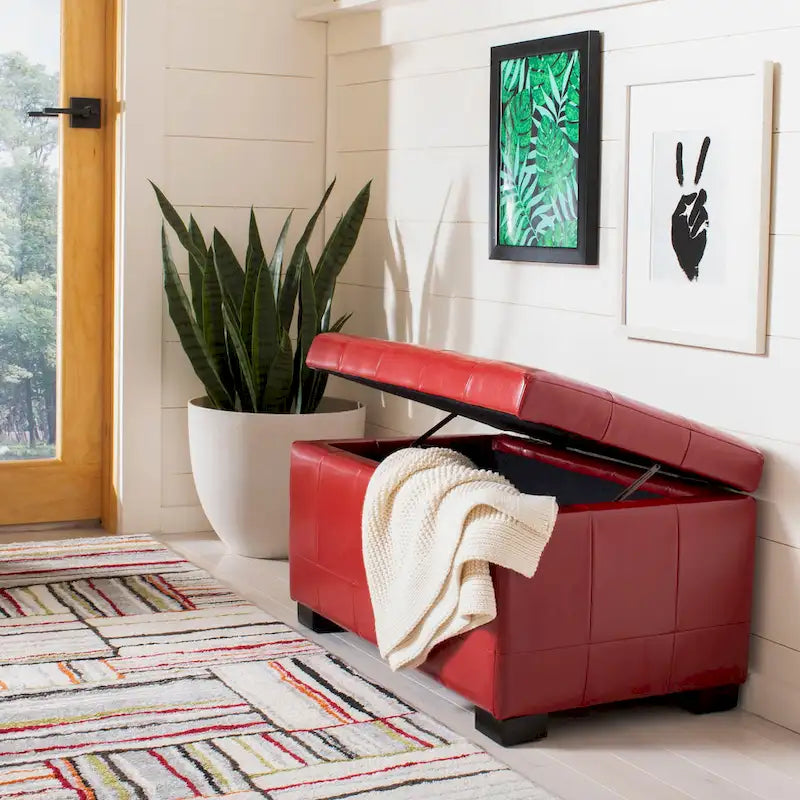 Red Tufted Bicast Leather Storage Bench with Black Wood Legs