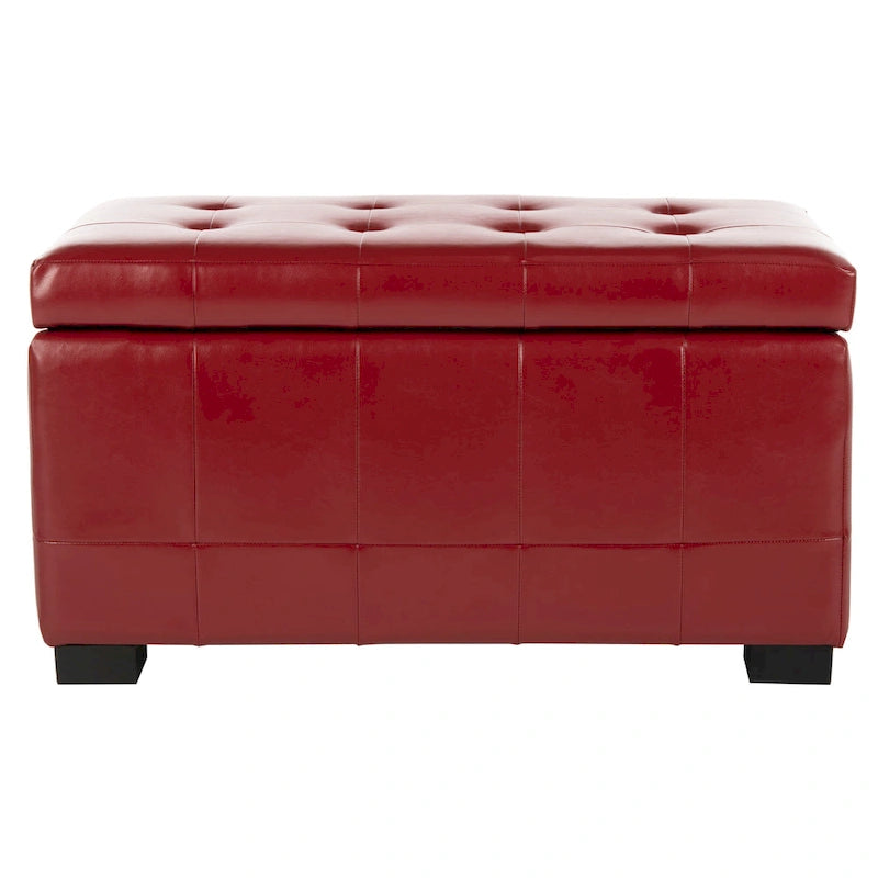 Red Tufted Bicast Leather Storage Bench with Black Wood Legs