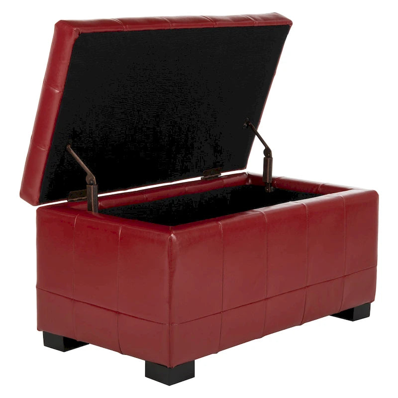 Red Tufted Bicast Leather Storage Bench with Black Wood Legs
