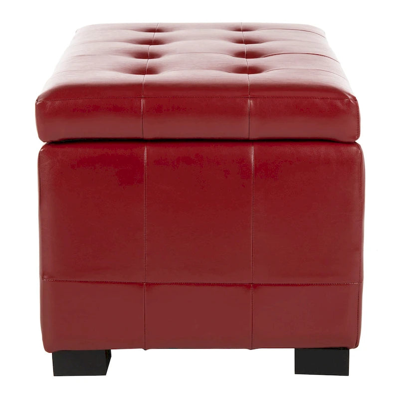 Red Tufted Bicast Leather Storage Bench with Black Wood Legs