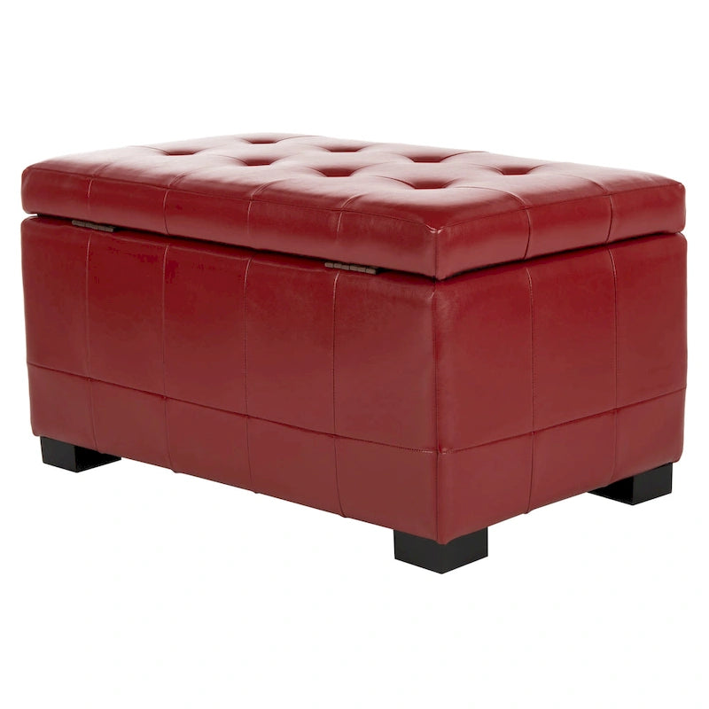 Red Tufted Bicast Leather Storage Bench with Black Wood Legs