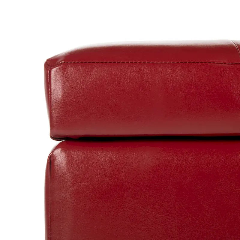 Red Tufted Bicast Leather Storage Bench with Black Wood Legs